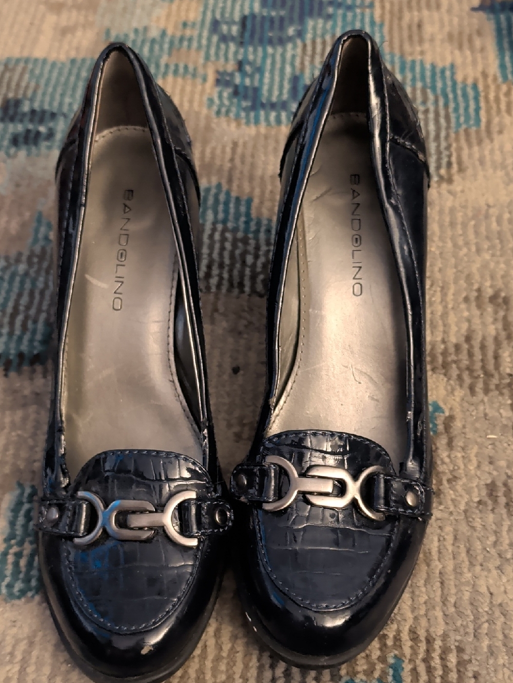 Bandolino Navy Croc-Embossed Loafers with Silver Buckle